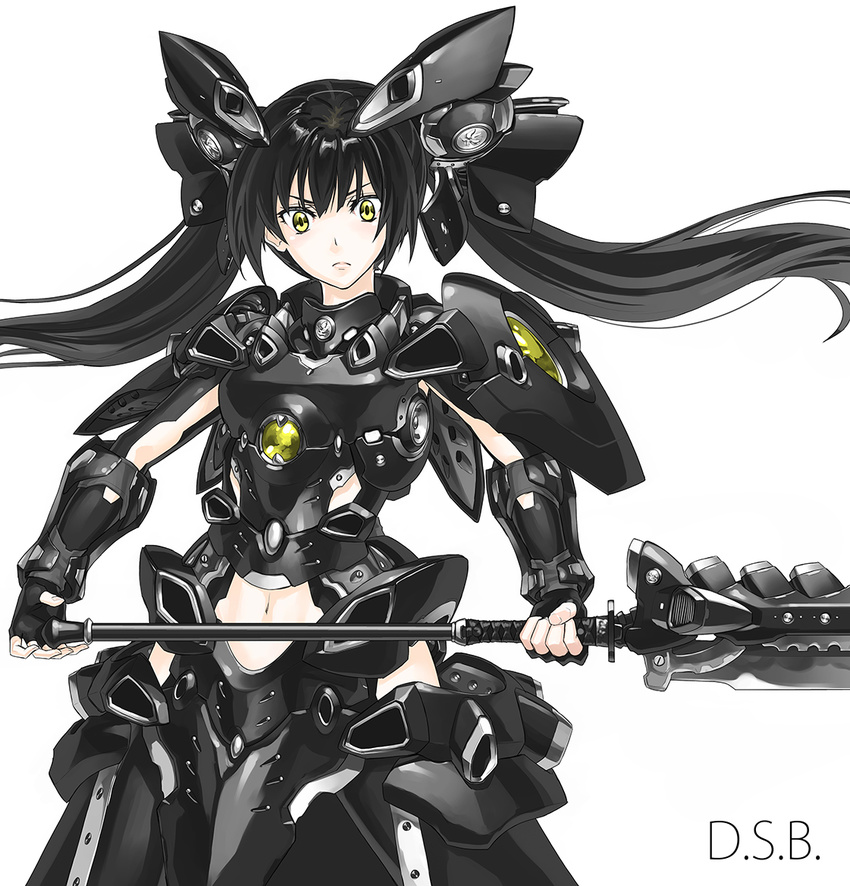 black_hair fingerless_gloves frown gloves kurogin navel original power_armor solo twintails yellow_eyes