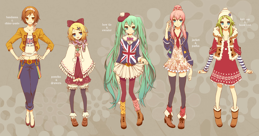 alternate_costume aqua_eyes aqua_hair blonde_hair blue_eyes brown_eyes brown_hair casual contemporary dress fashion flag_print green_hair gumi hair_ornament hair_ribbon hairclip hatsune_miku highres kagamine_rin long_hair megurine_luka meiko multiple_girls navel pantyhose pink_hair print_shirt print_sweater ribbon shirt shivue short_hair skirt smile sweater thighhighs twintails union_jack vocaloid zettai_ryouiki