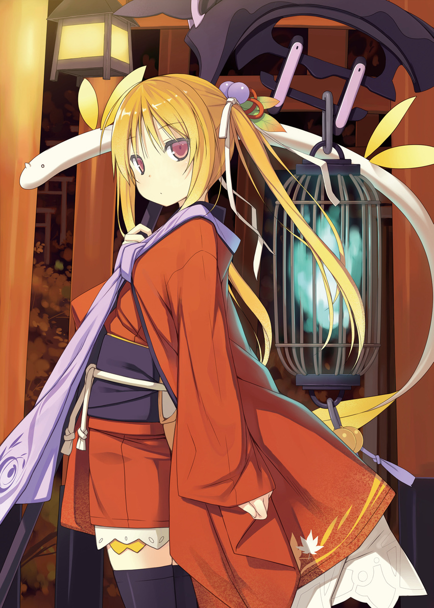 black_legwear blonde_hair cage cape creature expressionless flat_chest hair_bobbles hair_ornament highres japanese_clothes kimono lantern light momiji_(poko) original poco_(asahi_age) red_eyes scan short_kimono solo thighhighs twintails wings zettai_ryouiki