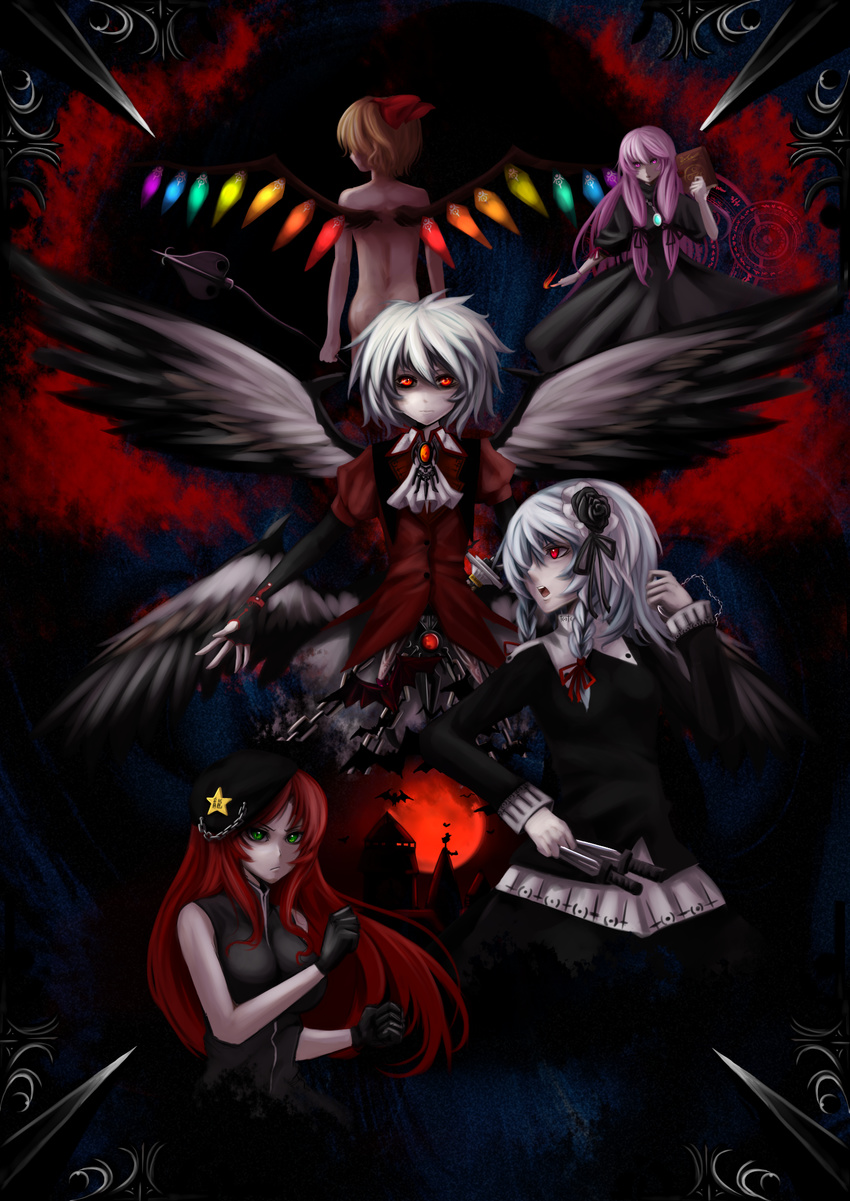 absurdres alternate_wings angel_wings blonde_hair blue_hair braid emerane flandre_scarlet gloves glowing glowing_eyes green_eyes highres hong_meiling izayoi_sakuya knife laevatein long_hair multiple_girls nude patchouli_knowledge purple_eyes purple_hair red_eyes red_hair remilia_scarlet short_hair side_ponytail silver_hair touhou twin_braids wings