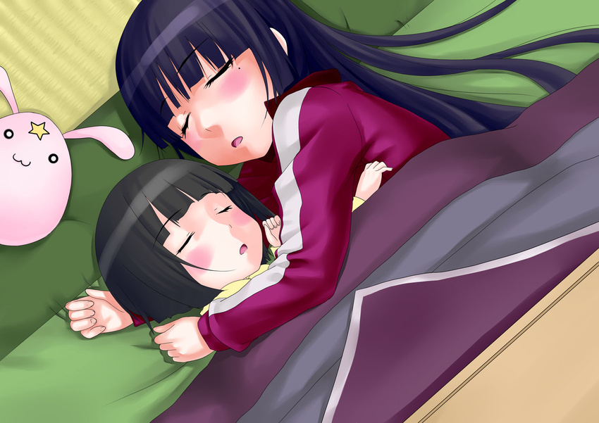 black_hair bunny closed_eyes comet-kun gokou_ruri gokou_tamaki highres long_hair multiple_girls ore_no_imouto_ga_konna_ni_kawaii_wake_ga_nai saramiyo short_hair siblings sisters sleeping stuffed_animal stuffed_toy