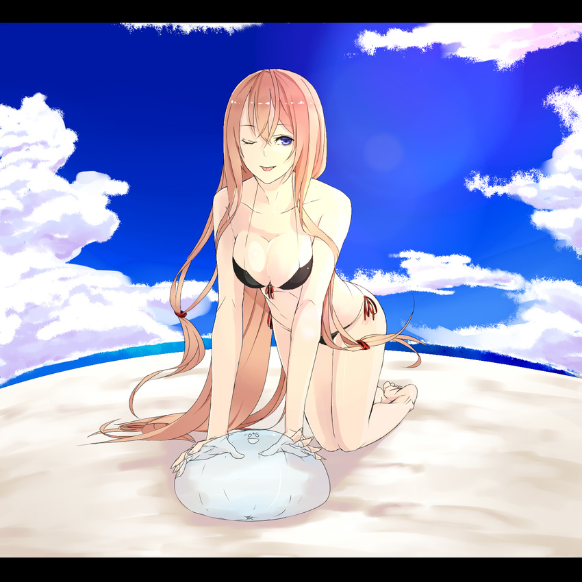 all_fours ball barefoot beach bikini blonde_hair blue_eyes cloud day fisheye front-tie_top highres lens_flare letterboxed long_hair one_eye_closed original outdoors shinoi side-tie_bikini sky solo swimsuit tongue very_long_hair