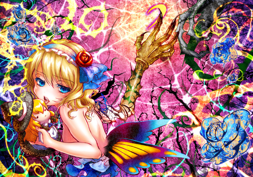 :x alice_margatroid blonde_hair blue_eyes butterfly_wings character_doll claws colored_eyelashes eyelashes flower hairband hat highres inuboe kirisame_marisa licking multicolored multicolored_rose red_flower red_rose ribbon rose solo tongue topless touhou wings witch_hat