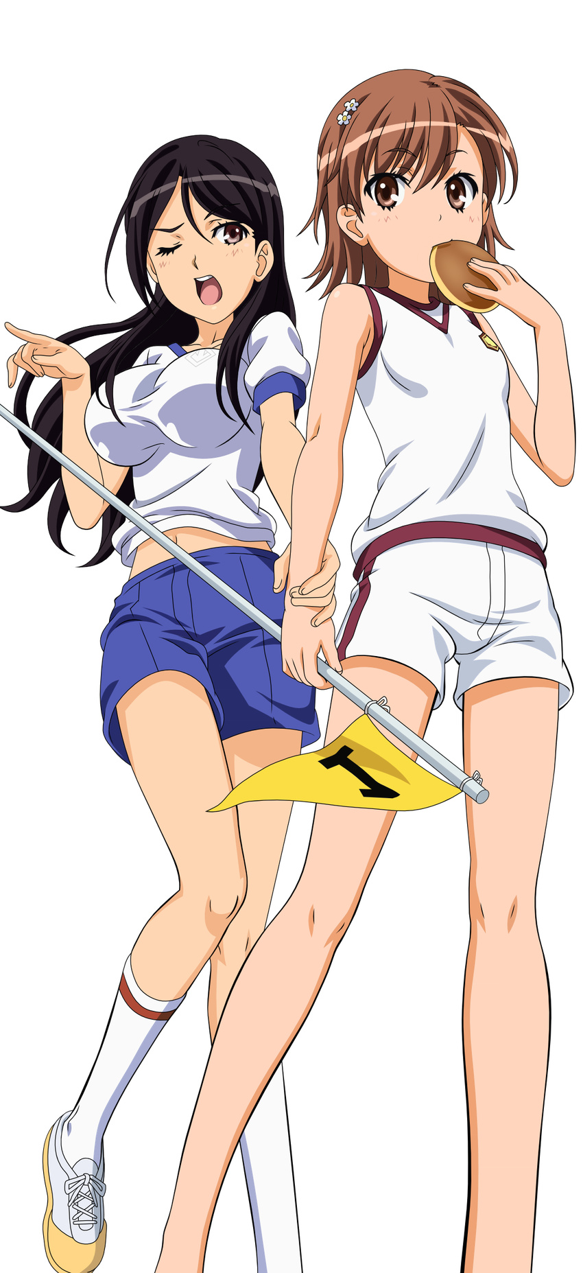 absurdres black_hair bread breasts brown_eyes brown_hair cloud dorayaki eating flag food from_below fukiyose_seiri gym_uniform highres large_breasts legs long_hair long_image midriff misaka_mikoto multiple_girls numbered_flag one_eye_closed short_hair shorts sky socks stick_poster tall_image to_aru_majutsu_no_index torasen_(artist) transparent_background vector_trace wagashi