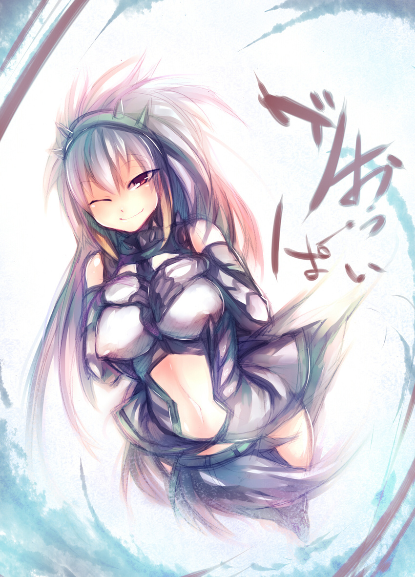 armor bare_shoulders barioth_(armor) breast_suppress breasts center_opening hairband highres large_breasts loincloth long_hair mamuru midriff monster_hunter monster_hunter_3 navel one_eye_closed red_eyes solo white_hair wind