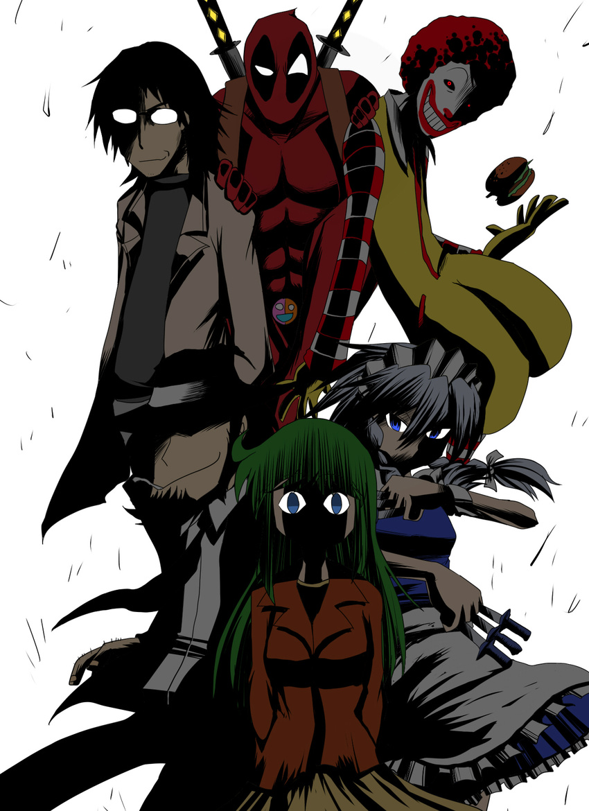 &lt;o&gt;_&lt;o&gt; 4boys bad_id bad_pixiv_id crossover deadpool hal_emmerich highres izayoi_sakuya jigen_daisuke lupin_iii marvel mcdonald's metal_gear_(series) metal_gear_solid multiple_boys multiple_girls nozaki_iori power_pro_kun_pocket power_pro_kun_pocket_9 rariatto_(ganguri) ronald_mcdonald touhou uneven_eyes