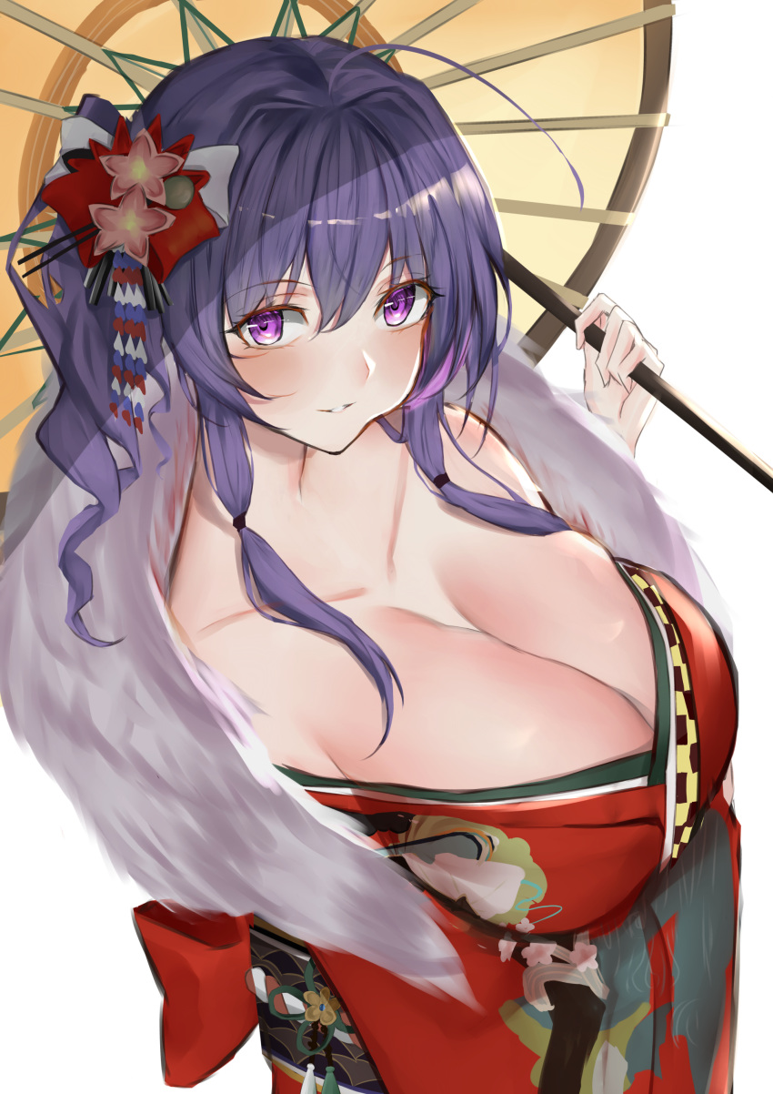 1girl absurdres ahoge alternate_costume azur_lane bangs blue_hair blush breasts cleavage commentary_request eyebrows_visible_through_hair flower fur_collar hair_between_eyes hair_flower hair_ornament highres holding holding_umbrella japanese_clothes kimono large_breasts ljpwow long_hair long_sleeves looking_at_viewer obi oriental_umbrella parted_lips purple_eyes red_flower red_kimono sash sidelocks simple_background solo st._louis_(azur_lane) umbrella white_background wide_sleeves