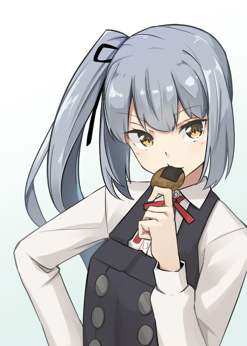 1girl black_dress black_ribbon blush brown_eyes buttons collared_shirt commentary_request dress food gradient gradient_background grey_hair hair_ribbon highres kantai_collection kasumi_(kantai_collection) long_hair long_sleeves negahami pinafore_dress red_ribbon remodel_(kantai_collection) ribbon shirt side_ponytail solo white_shirt