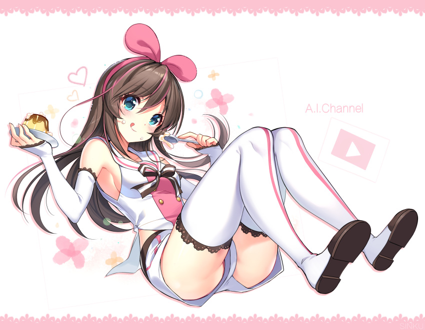 1girl :q a.i._channel absurdres armpits ass bare_shoulders blue_eyes blush boots brown_hair brown_neckwear buttons closed_mouth collared_shirt commentary cream cream_on_face detached_sleeves food food_on_face full_body hairband head_tilt highres holding holding_plate holding_spoon kizuna_ai lace_trim long_hair long_sleeves looking_at_viewer multicolored_hair neck_ribbon pink_hair pink_hairband plate pudding ribbon shirt short_shorts shorts sleeves_past_wrists solo spoon streaked_hair thigh_boots thighhighs tongue tongue_out virtual_youtuber white_footwear white_shirt white_shorts yadamon_(neverland)