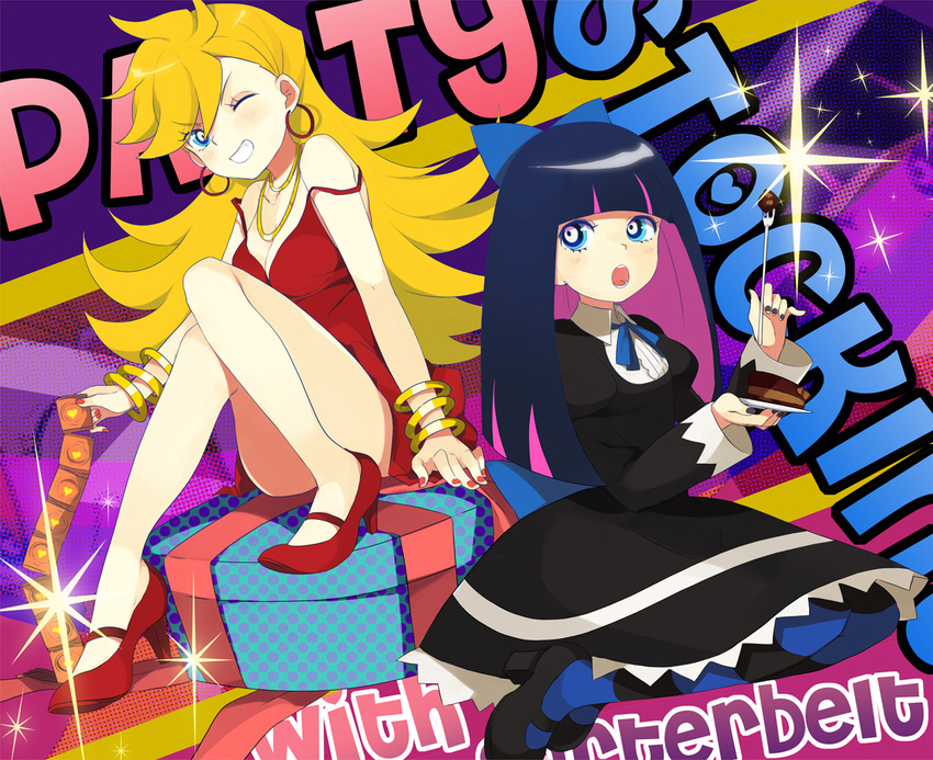 2girls black_hair blonde_hair blue_eyes bow cake condom dress food grin kippu long_hair multiple_girls nail_polish panty_&amp;_stocking_with_garterbelt panty_(character) panty_(psg) smile stocking_(character) stocking_(psg) striped striped_legwear striped_thighhighs thighhighs