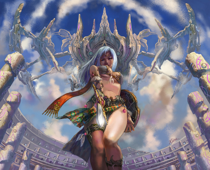 armor bad_id bad_pixiv_id bikini_armor blue_eyes blue_hair breasts circlet cloud copyright_request floating_city from_below highres hins legs lipstick loincloth long_hair makeup medium_breasts navel perspective pillar pointing shield signature sky solo sword weapon