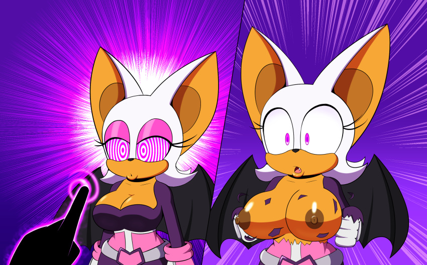 2018 anthro areola before_and_after big_breasts breasts chiropteran clothed clothing dr._chaos eyeshadow fangs female hi_res hypnosis makeup mammal mind_control nipples open_mouth rouge_the_bat sonic_(series) wings