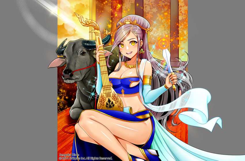 1girl armlet breasts bull cleavage commentary detached_sleeves earrings engrish_commentary eyebrows eyebrows_visible_through_hair grey_hair hair_ornament instrument jewelry large_breasts legs long_hair looking_at_viewer midriff nail_polish necklace open_mouth original princess rangsiwut_sangwatsharakul sengoku_hime side_slit sitting smile solo sparkle underboob yellow_eyes