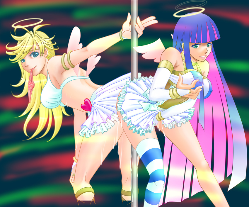 absurdres angel angel_wings breast_grab breasts fingering grabbing halo highres mouth_hold panties panty_&amp;_stocking_with_garterbelt panty_(character) panty_(psg) pole pussy_juice smile stocking_(character) stocking_(psg) underwear wings