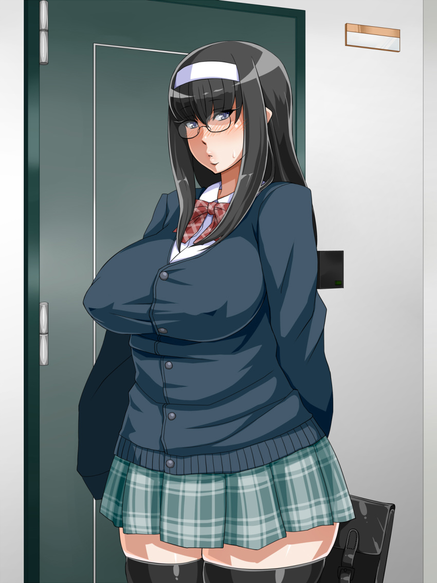 1girl bag bangs black_hair blue_eyes blush breasts cowboy_shot door enoshima_iki erect_nipples glasses hairband highres indoors large_breasts legs long_hair looking_at_viewer muchi_muchi_jimiko_bitch_ka_nikki original parted_lips puffy_areolae puffy_nipples school_bag school_uniform skirt solo standing sweatdrop thighhighs thighs zettai_ryouiki