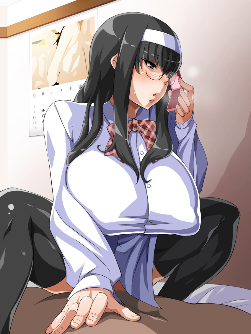 1girl bed black_hair blue_eyes blush bow bowtie breasts breath calendar cellphone clothed_female_nude_male clothed_sex enoshima_iki girl_on_top glasses hairband highres indoors large_breasts legs long_hair lying muchi_muchi_jimiko_bitch_ka_nikki nude on_bed original parted_lips phone puffy_areolae puffy_nipples school_uniform sex sitting sitting_on_person solo_focus sweat thighhighs thighs vaginal wall