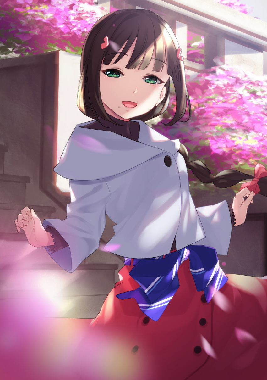 1girl :d alternate_costume bangs blue_bow blunt_bangs blush bow braid brown_hair bush commentary_request cowboy_shot day eyebrows_visible_through_hair floating_hair green_eyes hair_ornament half-closed_eyes hands_up heart heart_hair_ornament highres jacket kurosawa_dia long_hair long_sleeves looking_at_viewer love_live! love_live!_sunshine!! motion_blur open_mouth outdoors petals pink_skirt single_braid skirt smile solo spring_(season) stairs sunlight w_arms white_jacket wind yamaori_(yamaorimon)