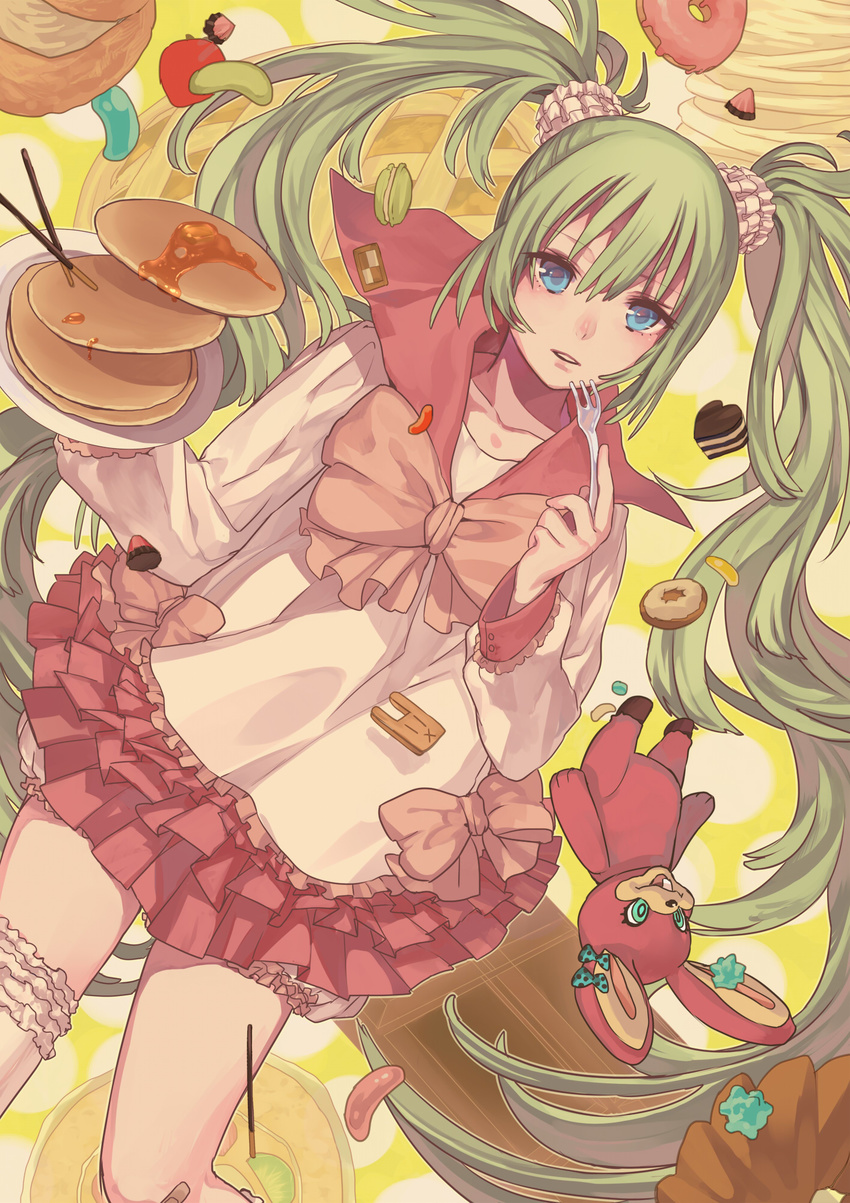 apollo_chocolate bad_id bad_pixiv_id blue_eyes bunny candy doughnut face food fork green_hair hatsune_miku highres jelly_bean long_hair lots_of_laugh_(vocaloid) macaron noco_(adamas) pancake pocky scrunchie skirt solo stuffed_animal stuffed_toy sweets twintails very_long_hair vocaloid