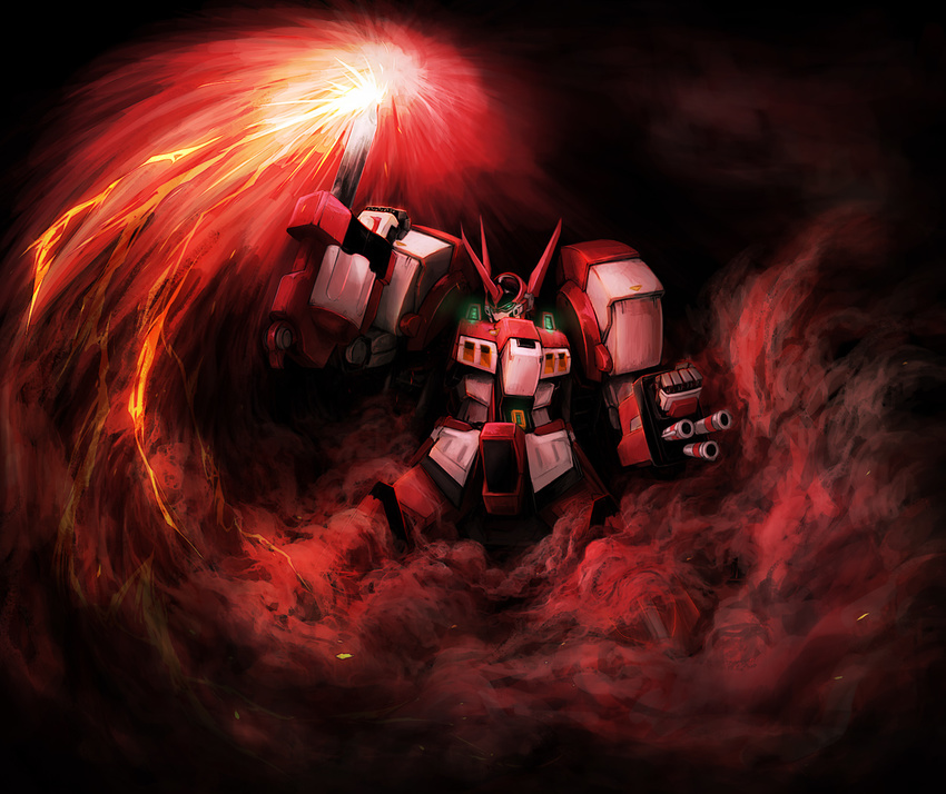 fire glowing mecha no_humans smoke sparks super_robot_wars super_robot_wars_original_generation un weapon