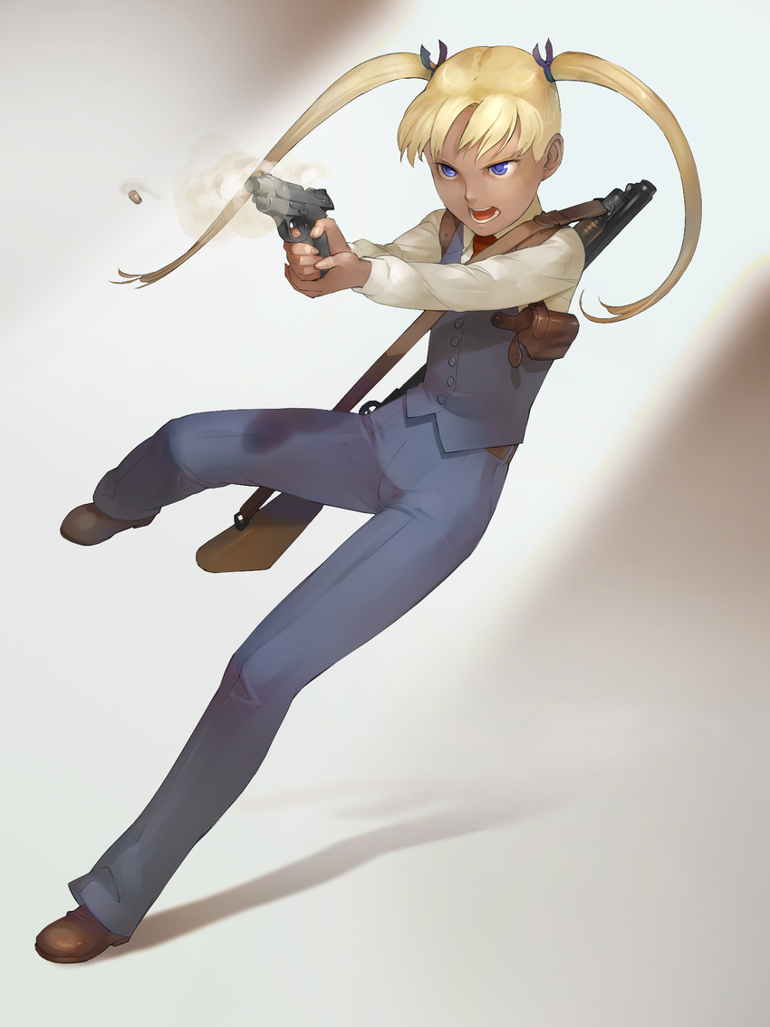 asa_(y-asa) blonde_hair blue_eyes bullet casing_ejection dark_skin error formal grimace gun gunslinger_girl handgun highres holster long_hair necktie pants pistol racking_slide shadow shell_casing shotgun shoulder_holster sling smoke smoking_gun solo triela twintails waistcoat weapon