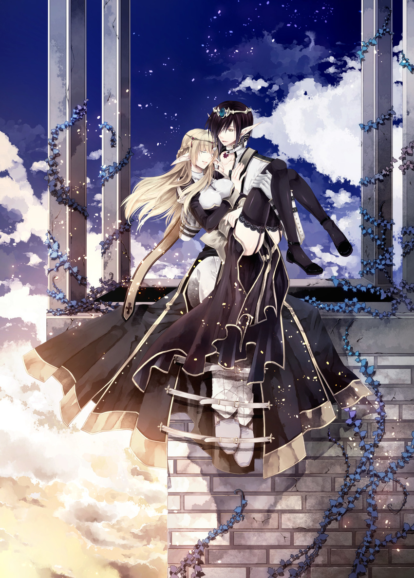 1girl archbishop black_hair blonde_hair carrying garter_belt half_updo high_priest highres legs long_hair pointy_ears princess_carry ragnarok_online short_hair sitting takamura_ryou thighhighs