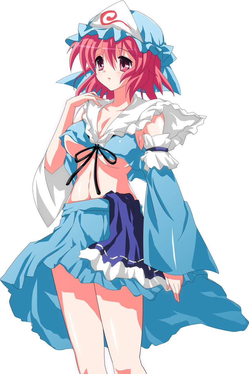 absurdres adapted_costume breasts cleavage detached_sleeves hat highres medium_breasts midriff navel no_bra oyu_no_kaori pink_eyes pink_hair saigyouji_yuyuko short_hair solo touhou transparent_background underboob