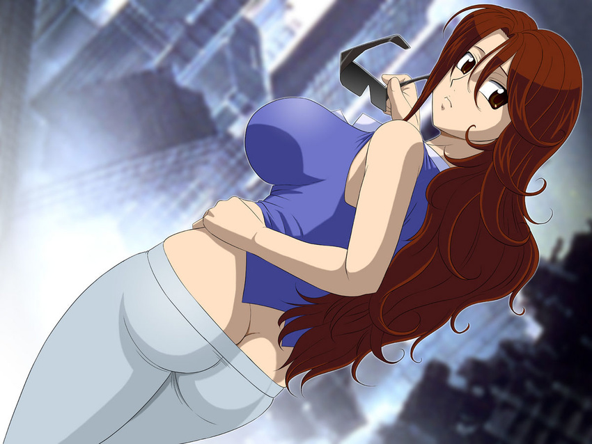 amber_eyes ass bare_shoulders breasts brown_eyes brown_hair butt_crack female glamour_works glasses gundam gundam_00 hand_on_hip huge_breasts impossible_clothes impossible_shirt large_breasts long_hair looking_back no_panties pants shirt sideboob solo standing sumeragi_lee_noriega sunglasses tank_top wavy_hair yellow_eyes