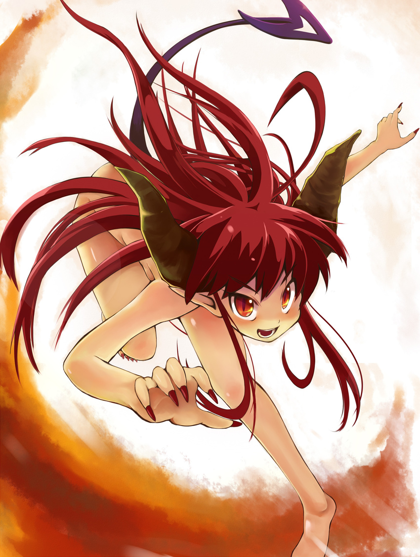 absurdres barefoot claws demon_girl face foreshortening hands highres horns long_hair original pointy_ears red_eyes red_hair slit_pupils solo taicho128