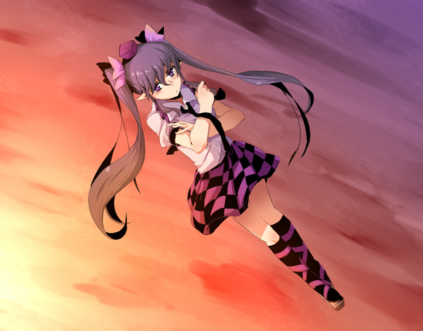 ankle_lace-up bad_id bad_pixiv_id black_legwear bow brown_hair checkered checkered_skirt cross-laced_footwear dress_shirt geta hair_bow hat himekaidou_hatate kneehighs long_hair maita necktie pointy_ears purple_eyes shirt skirt sky solo sunset tengu-geta tokin_hat touhou twintails very_long_hair