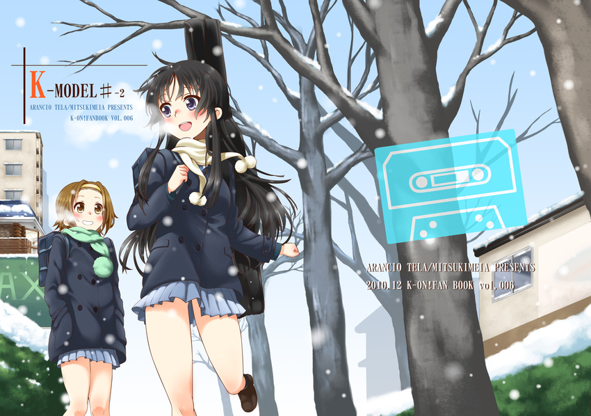 :d absurdres akiyama_mio anime_location artist_name bag bangs bare_tree black_eyes black_hair blue_sky blush breath brown_eyes brown_footwear brown_hair cassette_tape coat copyright_name dated day double-breasted eye_contact green_scarf grin hairband hands_in_pockets highres instrument_case k-on! loafers long_hair long_sleeves looking_at_another miniskirt mitsuki_meiya multiple_girls open_mouth outdoors pleated_skirt pom_pom_(clothes) scarf school_bag school_uniform shoes short_hair skirt sky smile snow snowing tainaka_ritsu tree winter winter_clothes winter_coat yellow_hairband yellow_scarf