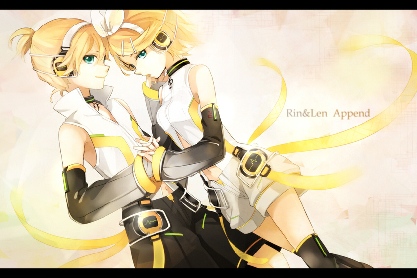 1girl aqua_eyes belt blonde_hair brother_and_sister detached_sleeves elbow_gloves gloves hair_ornament hair_ribbon hairclip headphones holding_hands kagamine_len kagamine_len_(append) kagamine_rin kagamine_rin_(append) letterboxed navel ribbon short_hair shorts siblings smile tama_(songe) thighhighs twins vocaloid vocaloid_append