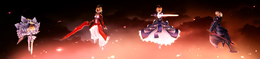 absurdres aestus_estus armor armored_dress artoria_pendragon_(all) blonde_hair caliburn dress excalibur faceless fate/extra fate/stay_night fate/unlimited_codes fate_(series) hair_bun highres long_image multiple_girls multiple_persona nero_claudius_(fate) nero_claudius_(fate)_(all) ponytail saber saber_alter saber_lily short_hair sword uraomote weapon wide_image