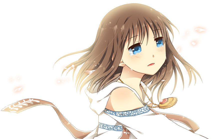 blue_eyes blush brown_hair crying crying_with_eyes_open jewelry key_(company) necklace open_mouth petals short_hair simple_background solo tears touon