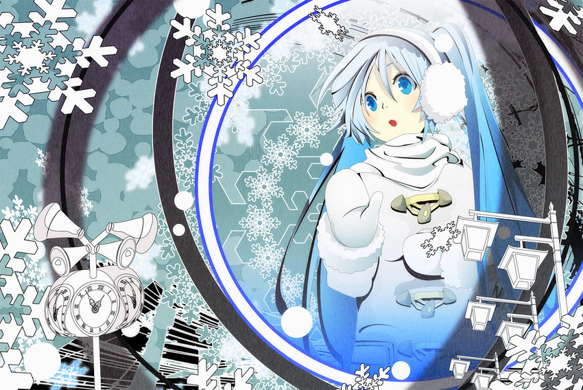 bad_id bad_pixiv_id blue_eyes blue_hair clock coat earmuffs hatsune_miku long_hair mittens necktie open_mouth sakisato_kiriko snowflakes solo twintails vocaloid