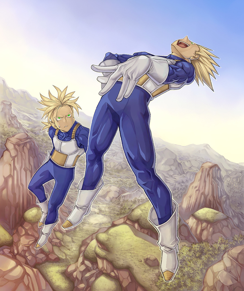 arched_back armor blonde_hair boots dragon_ball dragon_ball_z father_and_son flying gloves green_eyes hand_on_hip highres katsutake laughing leaning_back looking_down male_focus mountain multiple_boys muscle one_piece outdoors parody sanpaku sky spiked_hair super_saiyan sweatdrop trunks_(dragon_ball) vegeta white_footwear white_gloves