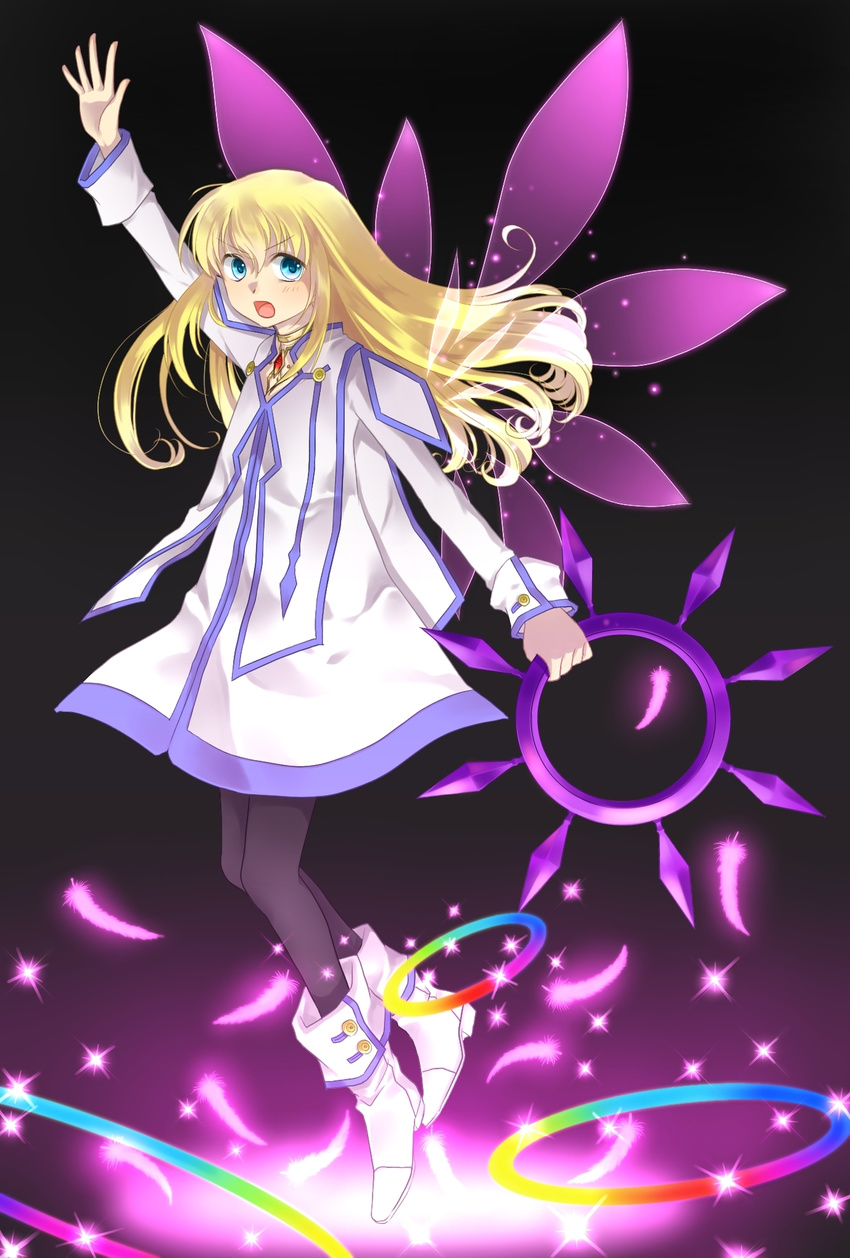 bad_id bad_pixiv_id black_background black_legwear blonde_hair blue_eyes chakram collet_brunel feathers gradient gradient_background highres long_hair okitsune_(okitsune-sama) pantyhose pink_wings purple_background solo tales_of_(series) tales_of_symphonia weapon wings