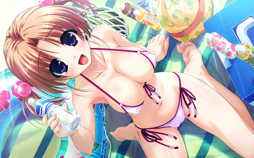 amatsu_misora_ni! arm_support barefoot bikini blush breasts brown_hair cameltoe cleavage drink food front-tie_top fruit hair_bobbles hair_ornament highres kanzaki_miyu large_breasts micro_bikini navel o-ring o-ring_top open_mouth purple_eyes seiza shintarou short_hair side-tie_bikini sideboob sitting solo string_bikini swimsuit twintails wallpaper wariza watermelon