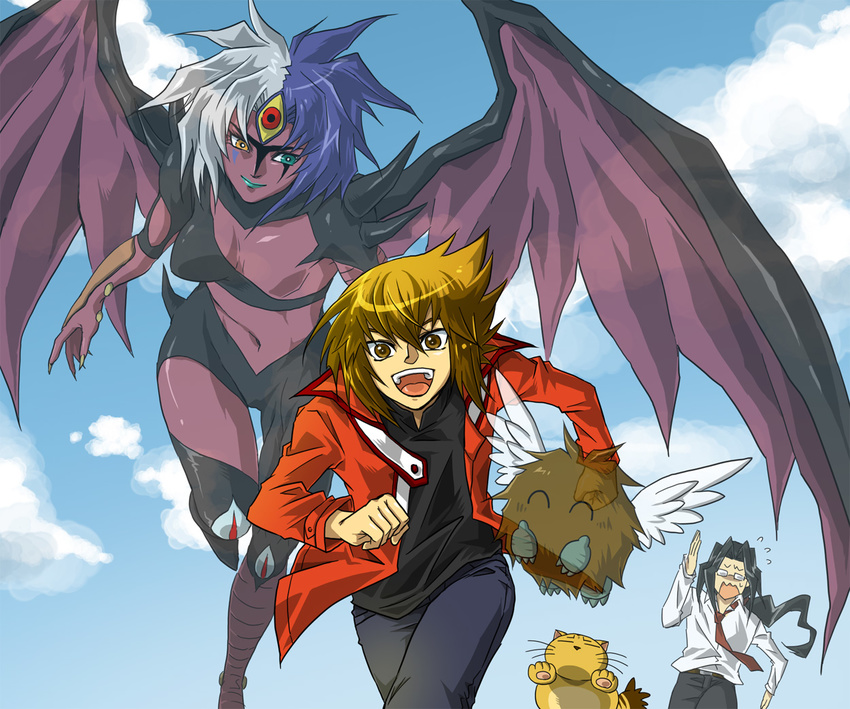 1girl brown_eyes brown_hair cat cloud daitokuji day duel_monster kirishima_(domipika) pharaoh_(cat) school_uniform short_hair sky smile winged_kuriboh yubel yuu-gi-ou yuu-gi-ou_gx yuuki_juudai