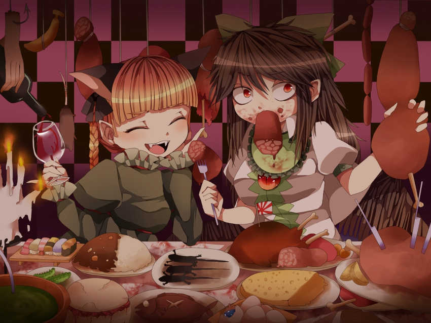 banana black_hair cake cheese chicken_(food) cup curry curry_rice drinking_glass eating egg fang fish flag food fork fruit gunkanmaki guro hands horror_(theme) kaenbyou_rin knife lizard meat multiple_girls nigirizushi pote_(aonibi_kairou) red_eyes red_hair reiuji_utsuho rice sushi sushi_geta touhou wine_glass