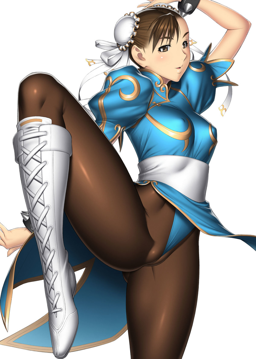1girl ass blush boots breasts brown_eyes brown_hair cameltoe capcom china_dress chinadress chinese_clothes chun-li dress erect_nipples highres kansuke pantyhose smile spread_legs street_fighter thighs wedgie