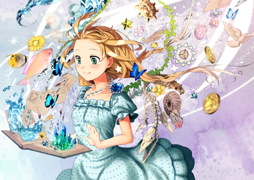 ammonite anomalocaris bird blonde_hair bone book bug butterfly coin crystal fish flower forehead green_eyes highres insect jellyfish long_hair original pop-up_book prehistoric_animal skeleton smile solo surreal tsurusaki_yuu water