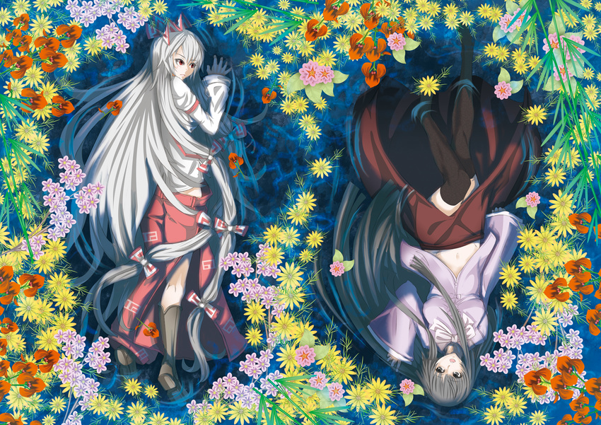 bad_id bad_pixiv_id black_hair flower fujiwara_no_mokou highres houraisan_kaguya long_hair multiple_girls red_eyes rotational_symmetry silver_hair tenjiku_nezumi touhou water