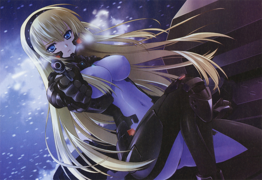 aiming_at_viewer blonde_hair blue_eyes bodysuit breasts breath carnelian gun highres irisdina_bernhard large_breasts long_hair muvluv pilot_suit schwarzesmarken sitting snow solo weapon