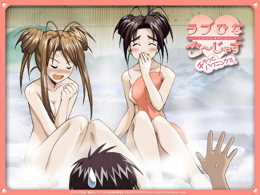 1boy 2girls antenna_hair black_hair blush breasts brown_hair covering eyes_closed love_hina mixed_bathing multiple_girls narusegawa_naru nude onsen open_mouth otohime_mutsumi sitting steam sweatdrop threesome towel translated urashima_keitarou water