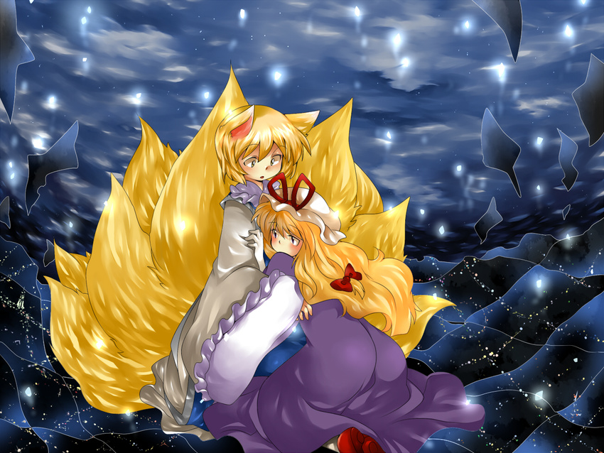 animal_ears bad_id bad_pixiv_id blonde_hair blush dress fox_ears fox_tail hair_ribbon hammer_(sunset_beach) hat long_hair map multiple_girls multiple_tails no_hat no_headwear purple_eyes ribbon short_hair tail touhou wide_sleeves yakumo_ran yakumo_yukari yellow_eyes