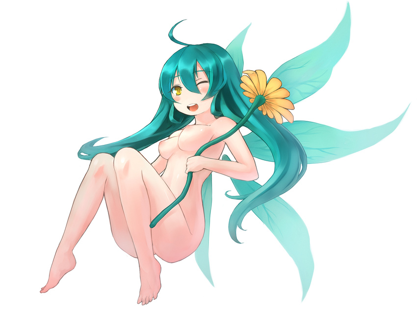 ahoge bad_id bad_pixiv_id barefoot blush breasts convenient_leg fairy fairy_wings feet flower green_hair highres minigirl nipples nude one_eye_closed original small_breasts solo twintails wings yellow_eyes zenn
