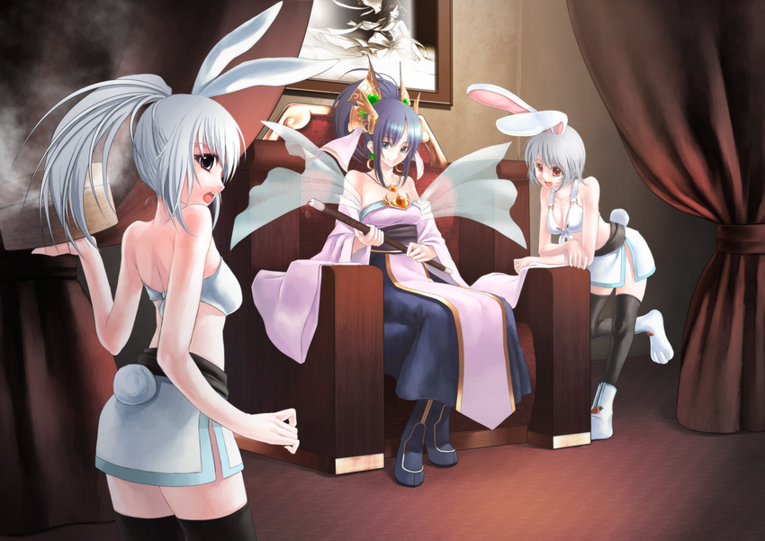 animal_ears bad_id bad_pixiv_id blue_hair bunny_ears bunny_tail chang'e detached_sleeves goddess long_hair moon_rabbit multiple_girls original ponytail red_eyes rotix short_hair silver_hair sitting skirt tail thighhighs