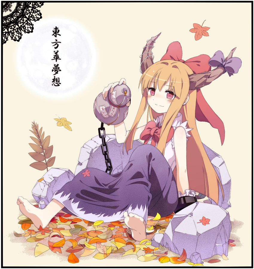 bare_shoulders barefoot blush bow full_moon funamushi_nomore gourd hair_bow highres horns ibuki_suika leaf leaning_back long_hair moon orange_hair rock sitting smile solo touhou very_long_hair wrist_cuffs