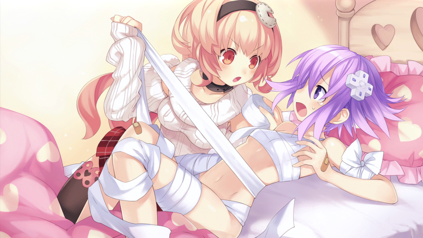 :o bandages bandaid bandaid_on_hand bandaid_on_knee bed bow choujigen_game_neptune collar compa entangled flat_chest game_cg hair_ornament headband heart heart-shaped_hole heart_print highres long_hair lying multiple_girls naked_bandage neptune_(choujigen_game_neptune) neptune_(series) on_back on_bed open_mouth pillow pink_eyes pink_hair purple_hair short_hair sweater tears thighhighs tsunako v-shaped_eyebrows wavy_hair