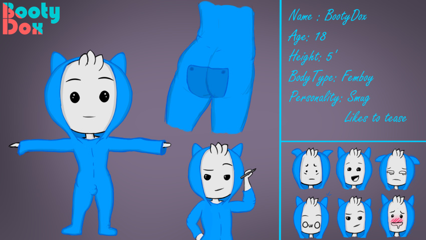 blue_fabric blue_onesie bootydox bulge butt child fake_cat_ears fake_ears fan_character hi_res human human_only mammal model_sheet not_furry onesie pen short short_stack smug solo video_games young